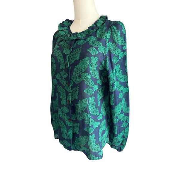 Bucket List Green and Navy Lightweight Cotton Button Up Ruffle Neck Blouse Small - Picture 11 of 12